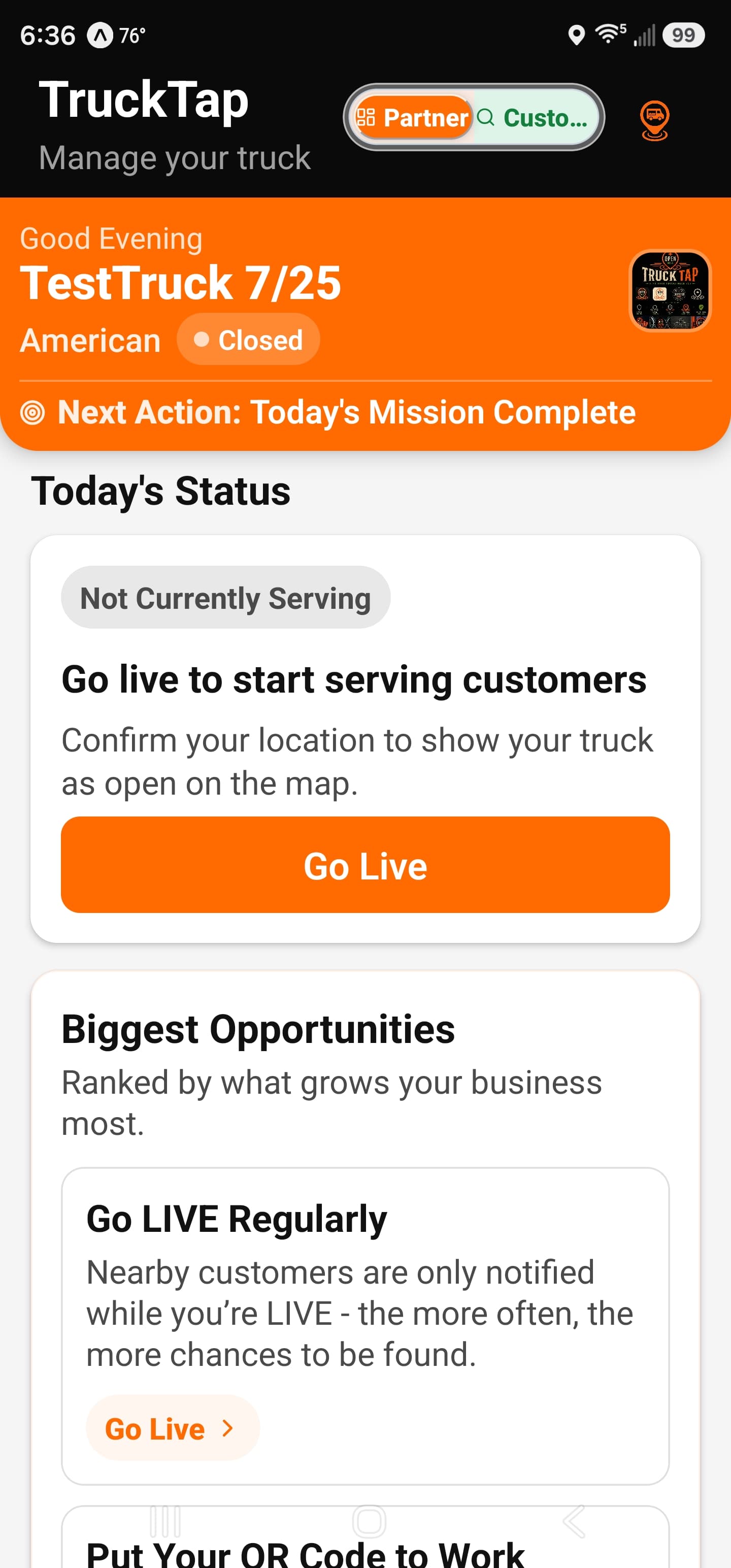 The TruckTap owner app: a Go Live button, with a note that nearby customers are only notified while the truck is LIVE.