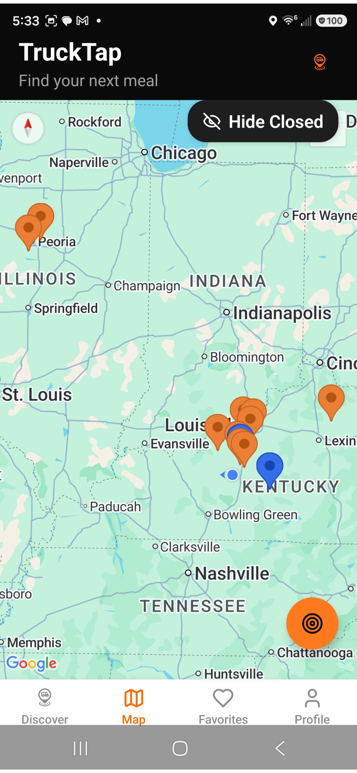 TruckTap live map showing nearby food trucks