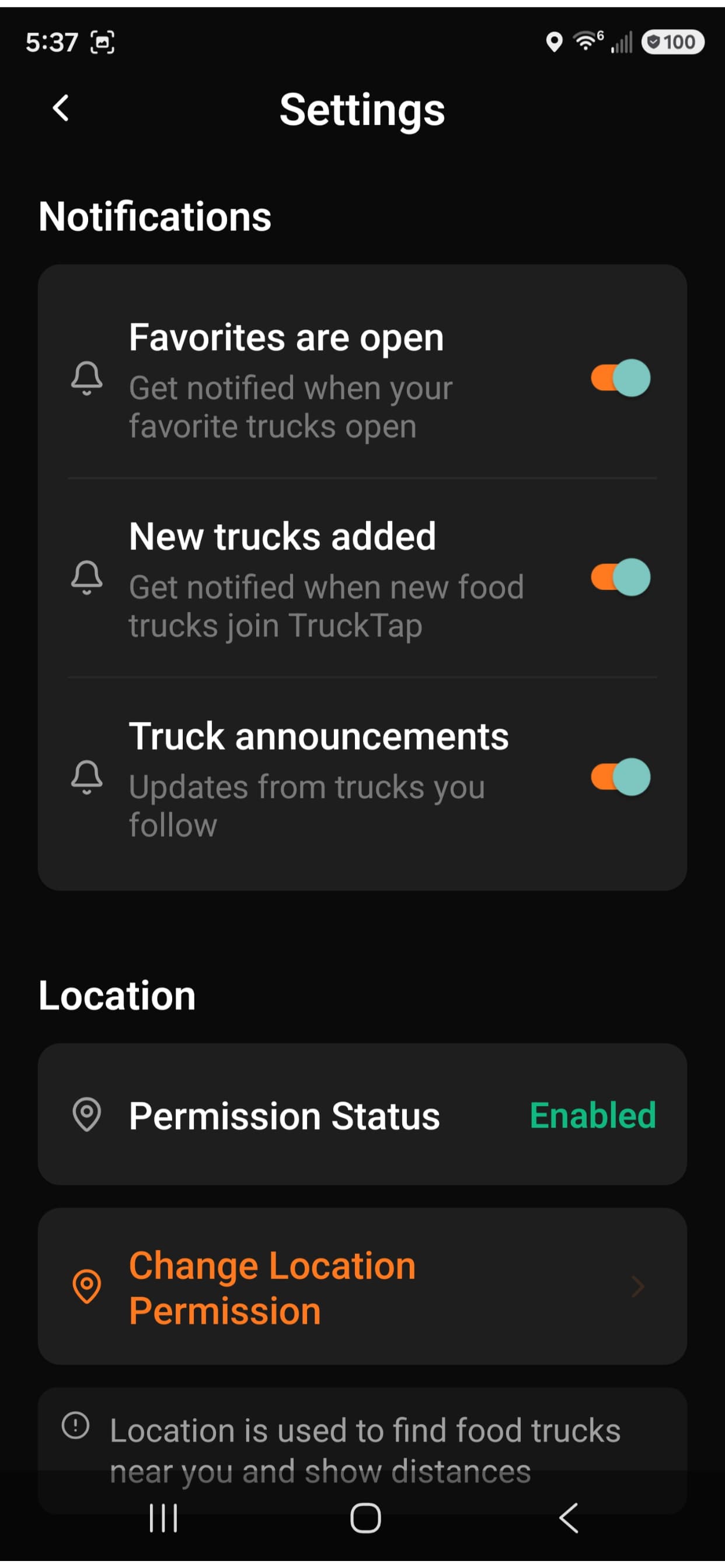 TruckTap notifications and settings screen